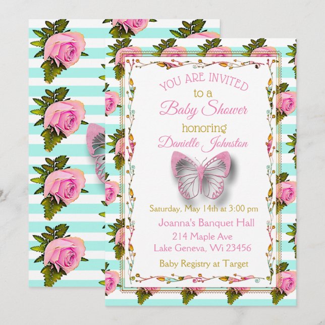 Invitación Baby Shower personalizado de mariposa para niñas (Anverso / Reverso)
