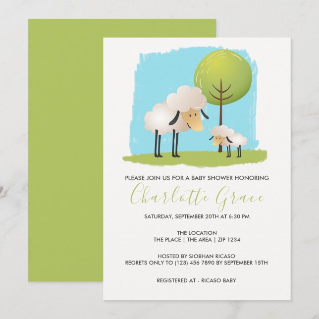 Invitación Baby Shower Personalizado De Ovejas Y Lambs (Anverso / Reverso)
