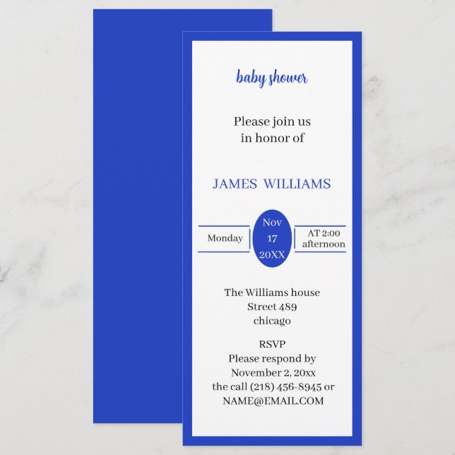 Invitación Baby Shower personalizado simple azul (Anverso / Reverso)