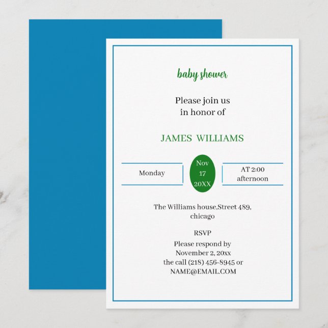 Invitación Baby Shower Personalizado Simple Azul Y Verde (Anverso / Reverso)