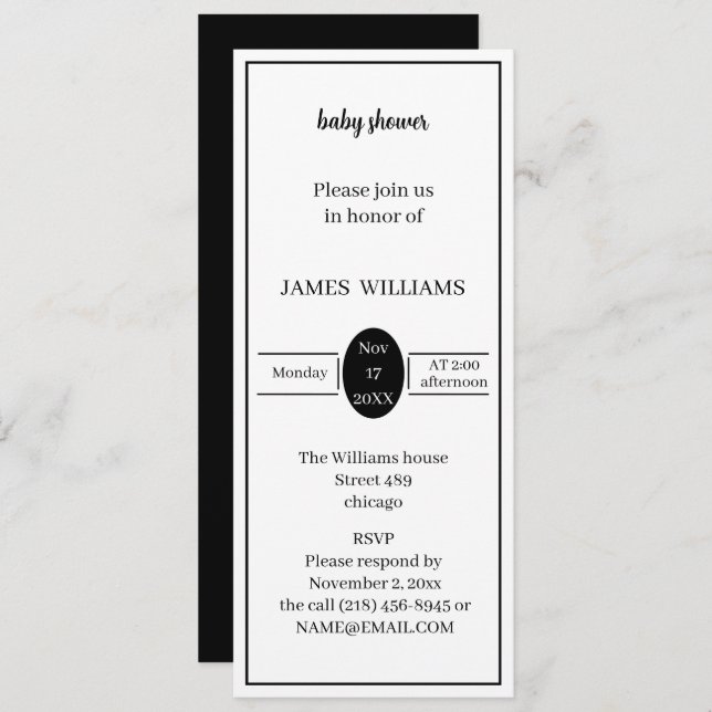 Invitación Baby Shower Personalizado Simple En Blanco Y Negro (Anverso / Reverso)