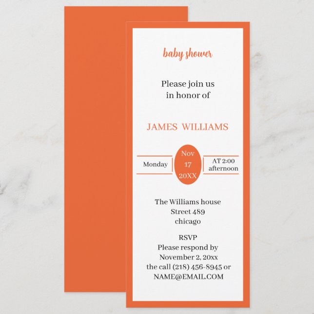 Invitación Baby Shower personalizado simple Naranja (Anverso / Reverso)