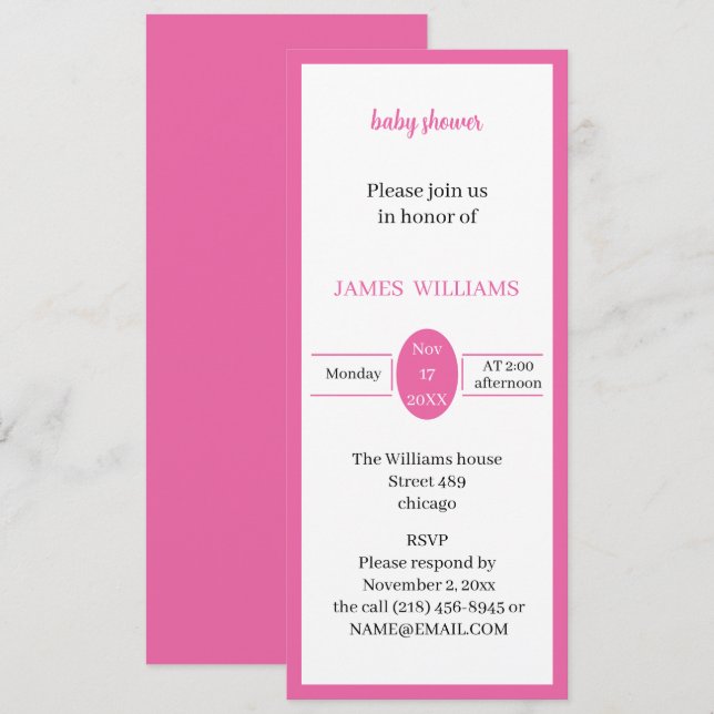 Invitación Baby Shower personalizado simple y Rosa (Anverso / Reverso)