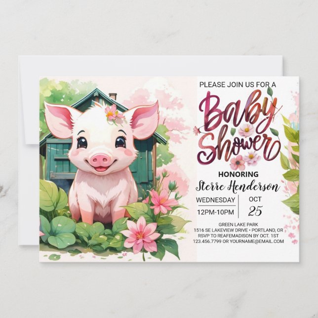 Invitación Baby Shower Pig Watercolor (Anverso)