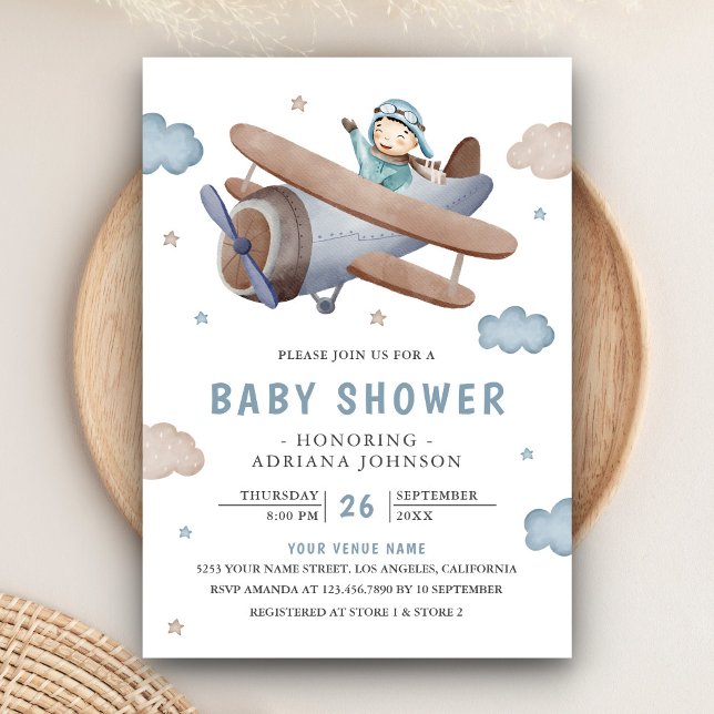 Invitación Baby Shower piloto de avión retro azul cúbico (Subido por el creador)