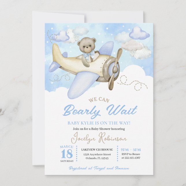 Invitación Baby Shower piloto de Osos de Teddy con nubes azul (Anverso)