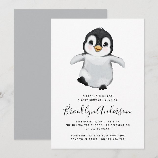 Invitación Baby Shower Pingüino Gris (Anverso / Reverso)