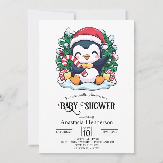 Invitación Baby Shower Pingüino Místico y Paradisíaco (Anverso)