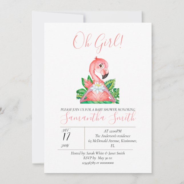 Invitación Baby Shower Pink Flamingo Jungla Watercolor (Anverso)