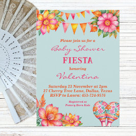 Invitación Baby Shower Pink Floral Azul Mexicano Fiesta