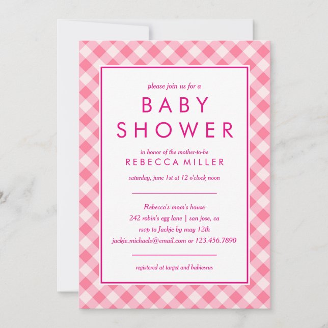 Invitación Baby Shower | Pink Gingham (Anverso)