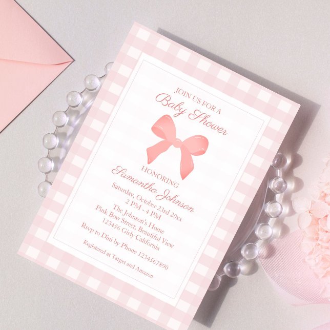 Invitación Baby Shower Pink Gingham Pink Bow (Subido por el creador)