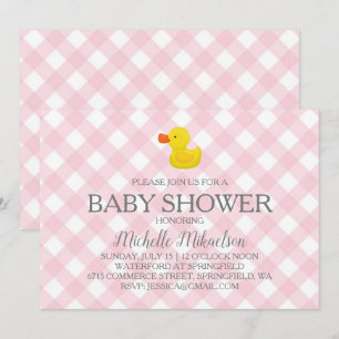 Invitación Baby Shower Pink Gingham Rubber Duckie