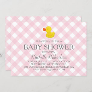 Invitación Baby Shower Pink Gingham Rubber Duckie