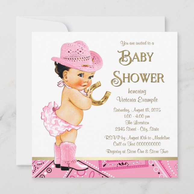 Invitación Baby Shower Pink Gold Horseshoe Cowgirl (Anverso)
