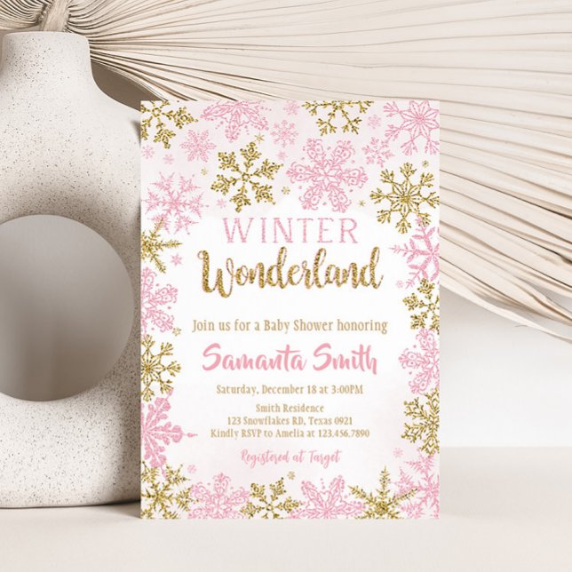 Invitación Baby Shower Pink Gold Wonderland (Pink Gold Winter Wonderland Baby Shower Invitation)