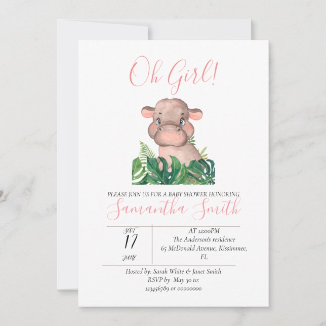 Invitación Baby Shower Pink Hippo Jungle Watercolor (Anverso)
