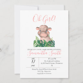 Invitación Baby Shower Pink Hippo Jungle Watercolor