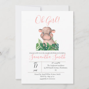 Invitación Baby Shower Pink Hippo Jungle Watercolor