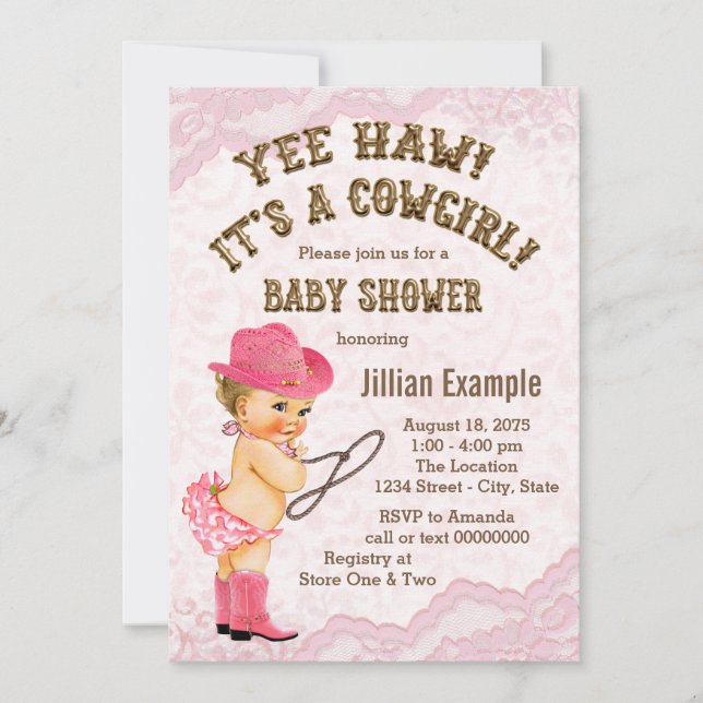 Invitación Baby Shower Pink Lace Cowgirl (Anverso)