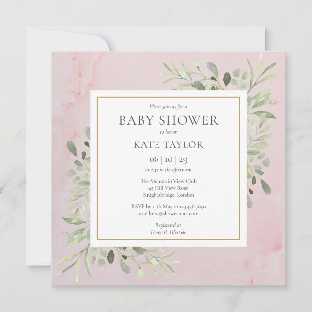 Invitación Baby Shower Pink Marble Greenery | Espolvorear (Anverso)
