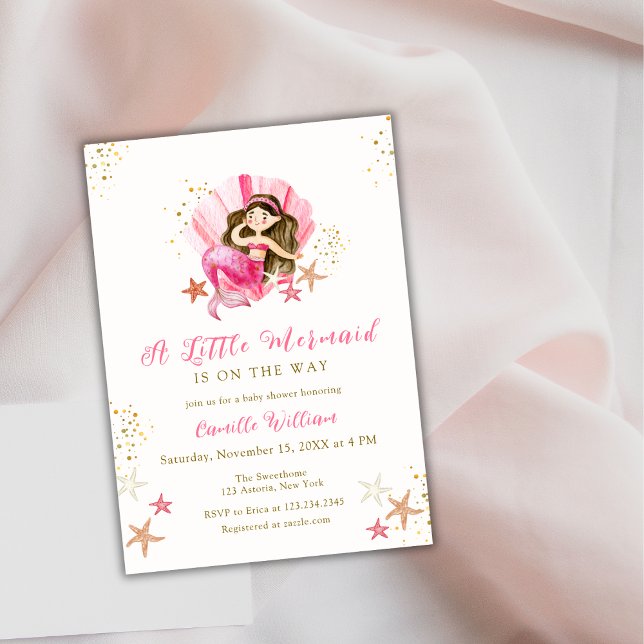Invitación Baby Shower Pink Mermaid Ocean Starfish (Pink Mermaid Ocean Starfish Baby Shower Invitation)