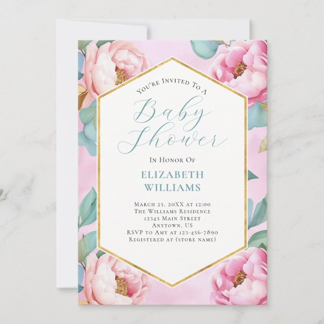 Invitación Baby Shower Pink Sage Mint Green Peonies (Anverso)