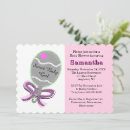 Invitación Baby Shower Pink Star Silver Rattle