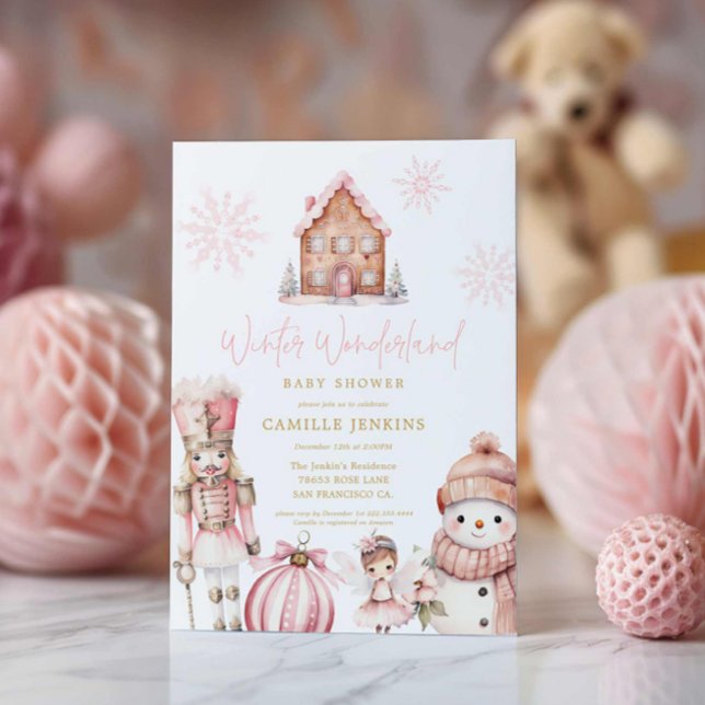 Invitación Baby Shower Pink Winter Wonderland (Girl Winter Wonderland Baby Shower Invitation)