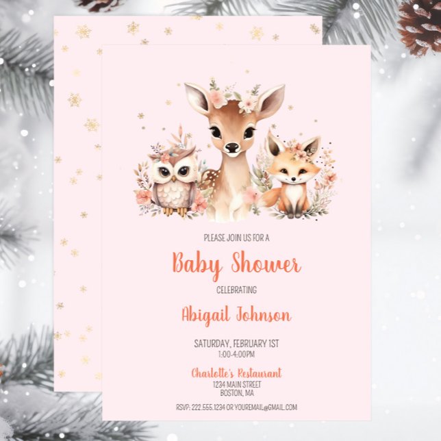 Invitación Baby Shower Pink Woodland Winter Wonderland (Pink Snowflake Woodland Baby Shower Invitation, Deer Owl Fox, Baby Girl Shower, Script Whimsical)