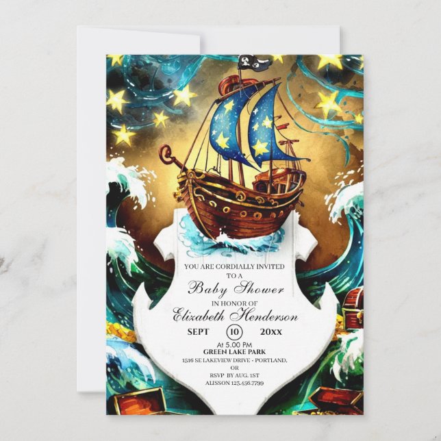 Invitación Baby Shower pirata náutico (Anverso)