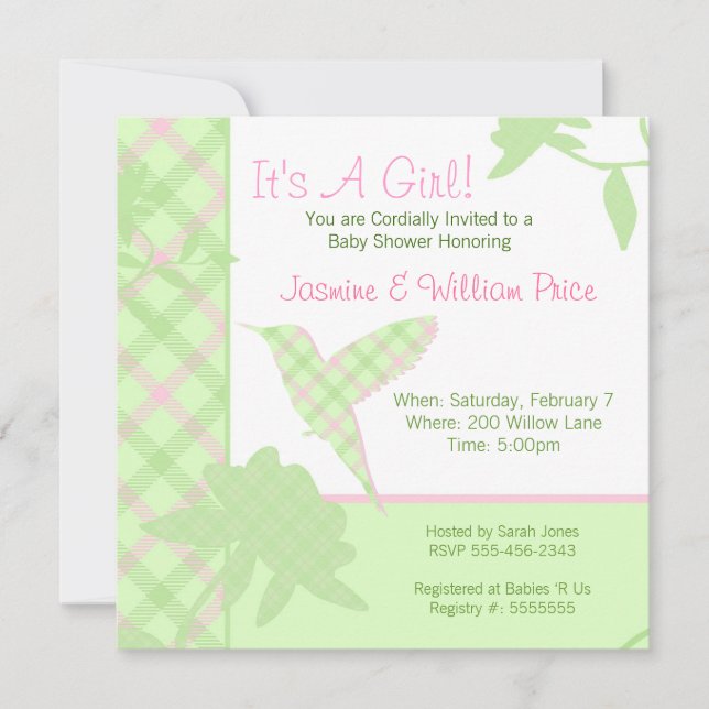 Invitación Baby Shower Plaid Hummingbird Pink & Gr (Anverso)