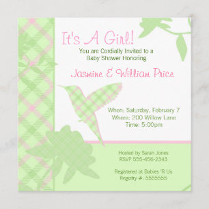Invitación Baby Shower Plaid Hummingbird Pink & Gr