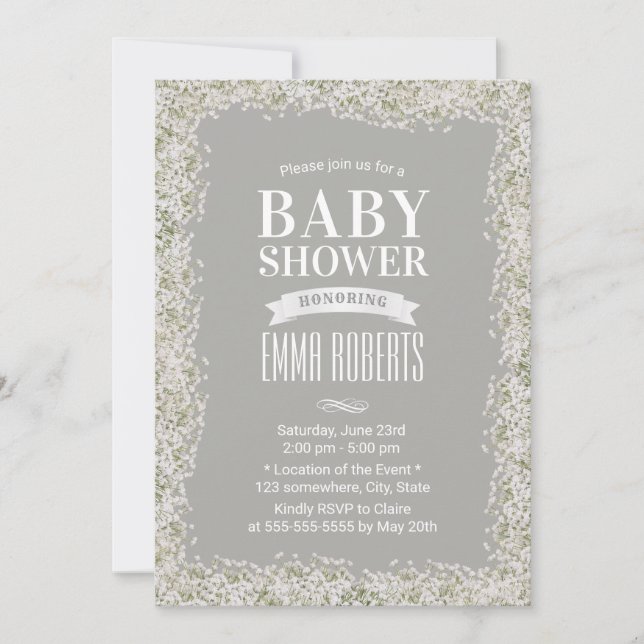 Invitación Baby Shower plateado con flor de aliento para bebé (Anverso)