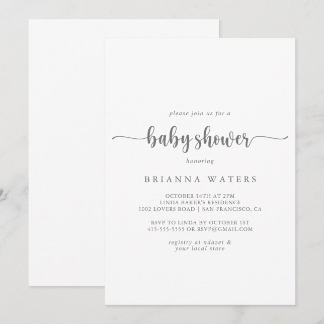 Invitación Baby Shower plateado de caligrafía minimalista (Anverso / Reverso)