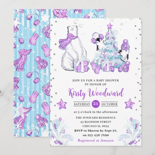 Invitación Baby Shower Polar Bear y Pingüinos, amigos de invi (Anverso / Reverso)