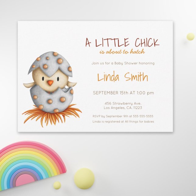 Invitación Baby Shower Pollito saliendo del cascarón (Gender Neutral Baby Shower Invitation with a Bird Hatching by Kinda Cute by Patricia Alvarez)