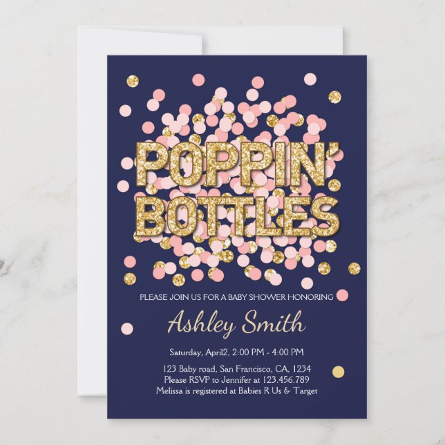 Invitación Baby Shower Poppin Botella rosada de la Marina Con (Anverso)