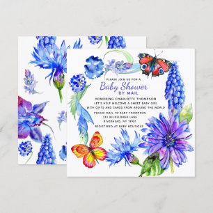 Invitación Baby Shower Por Correo Acuarela Morado Azul Floral