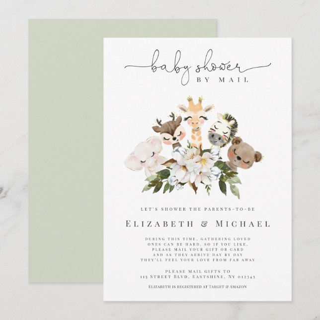 Invitación Baby Shower Por Correo Animales Faux Gold Floral (Anverso / Reverso)