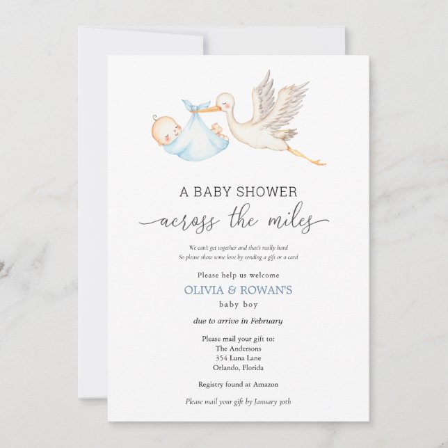 Invitación Baby Shower por correo Blue Stork (Anverso)