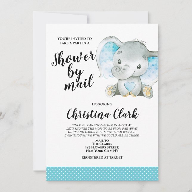 Invitación Baby Shower por correo Boy Elephant Blue (Anverso)