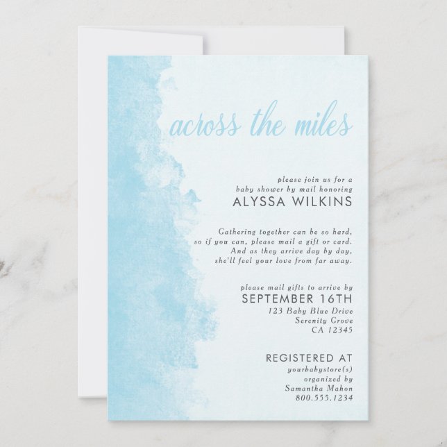 Invitación Baby Shower por correo Elegant Ink Wash Blue (Anverso)