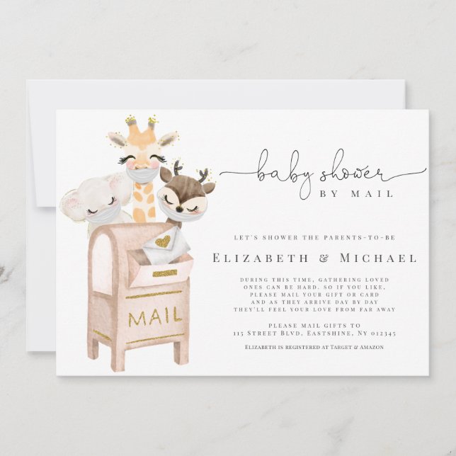 Invitación Baby Shower Por Correo Enmascarado Baby Animals Go (Anverso)