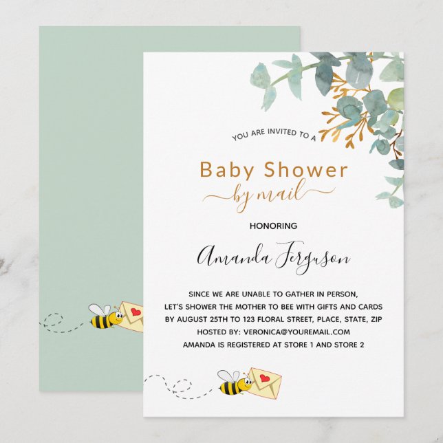 Invitación Baby Shower por correo eucalipto mamá de la vegeta (Anverso / Reverso)