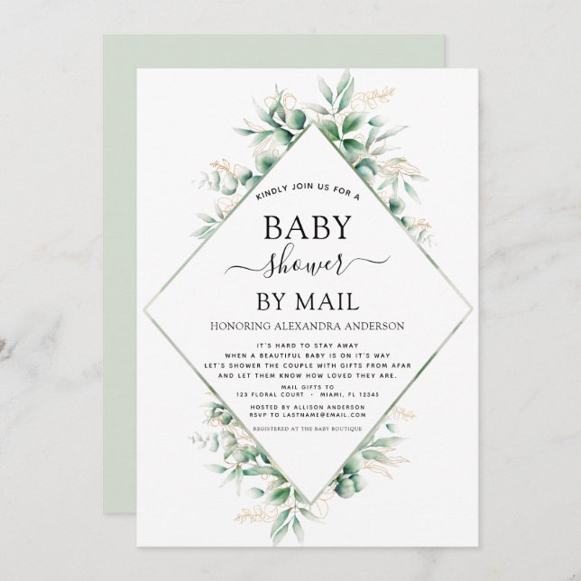 Invitación Baby Shower por correo Eucalyptus Geométrico (Anverso / Reverso)