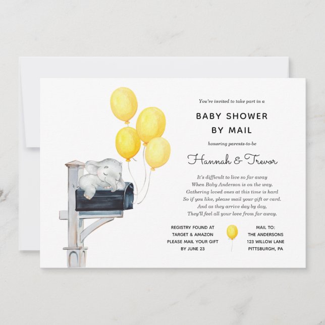 Invitación Baby Shower por correo globos amarillos (Anverso)