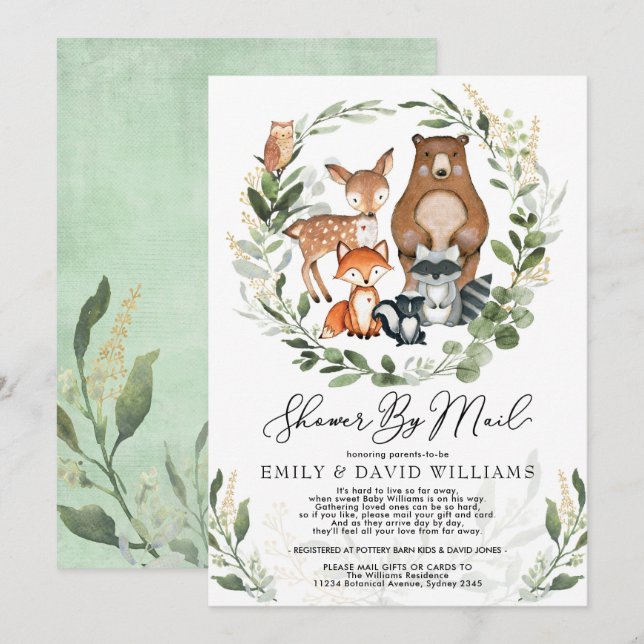 Invitación Baby Shower Por Correo Greenery Woodland Animals (Anverso / Reverso)