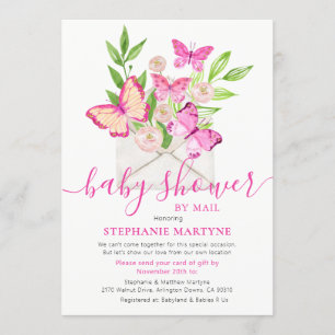 Invitación Baby Shower Por Correo Mariposa Sobre Floral Rosa