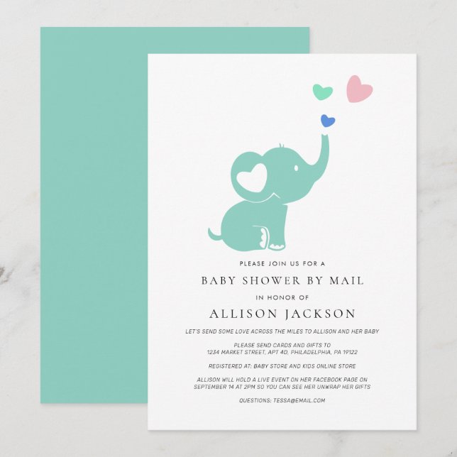 Invitación Baby Shower Por Correo Mint Green Elephant (Anverso / Reverso)